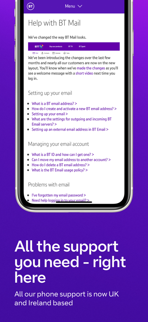 BT Email app help center screen displaying support options and UK based assistance information