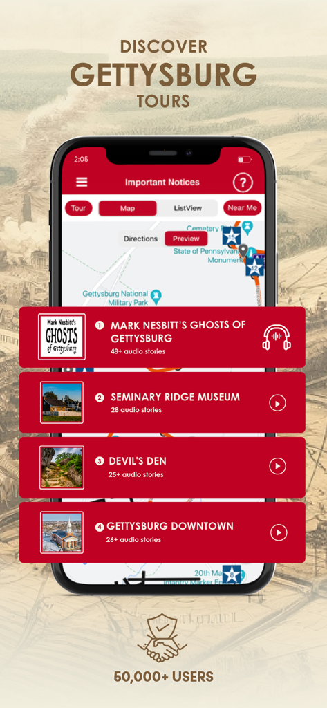Mobile app interface for Gettysburg Battle Auto Tour showing a list of audio tours and a battlefield map.