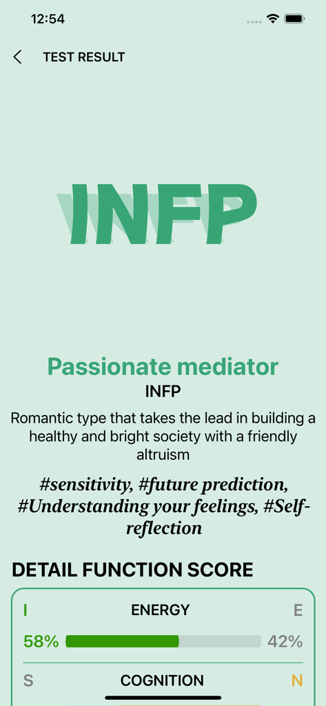 16 Personalities Test - Pantalla de resultados del Test de 16 Personalidades para el tipo INFP que muestra la descripción del mediador apasionado y la puntuación de energía