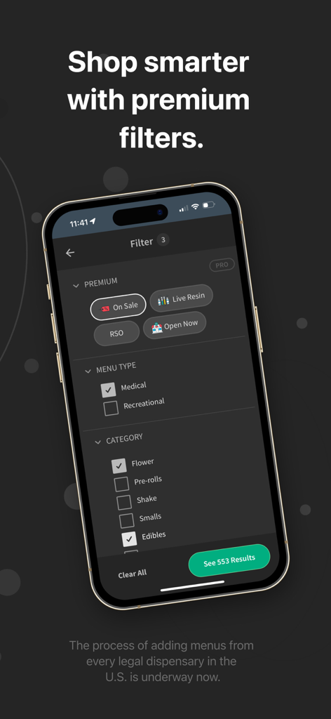 BudWatcher app interface showing premium search filters for cannabis products and dispensaries