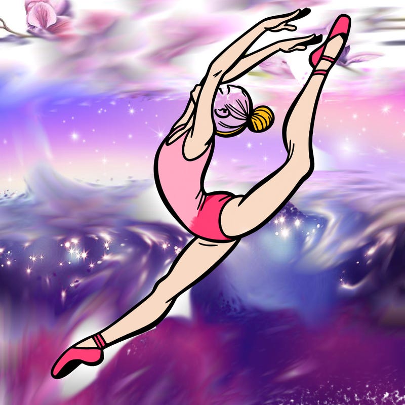 gymnast doing a leap in a leotard with a bent back leg