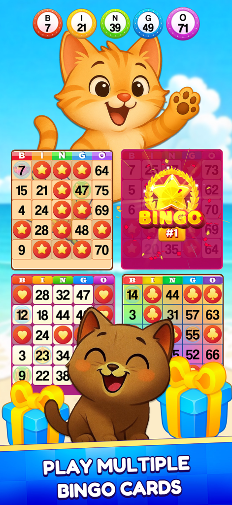 Bingo Madness Live Bingo Games - Bingo Madness game screen showing four active bingo cards with cute cartoon cats