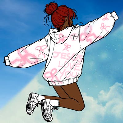 realistic girl jumping with a bun and oversized sweatshirt
