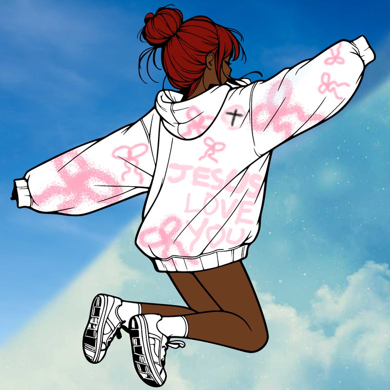 realistic girl jumping with a bun and oversized sweatshirt