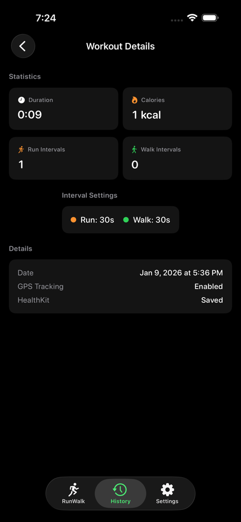 WalkRun app workout summary screen displaying duration calories burned and run walk interval settings