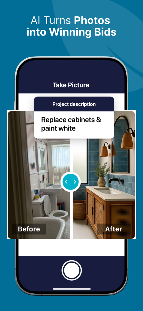 Interfaccia dell'app SimplyWise che mostra come l'IA converte le foto dei progetti in preventivi edili con un confronto prima e dopo la ristrutturazione del bagno.