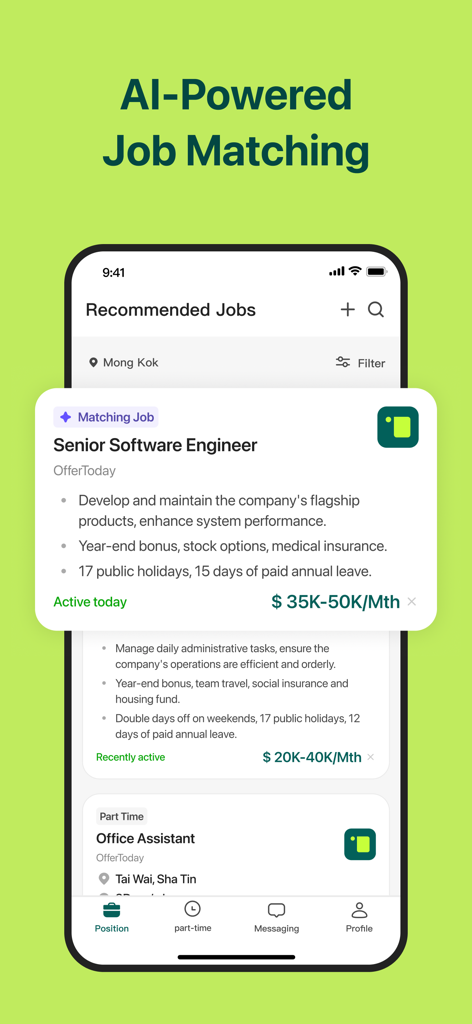 OfferToday mobile app interface showing AI powered job matching for software engineer roles in Hong Kong
