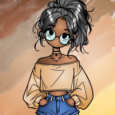 girl with a messy ponytail glasses a baggy crop top and jean shorts