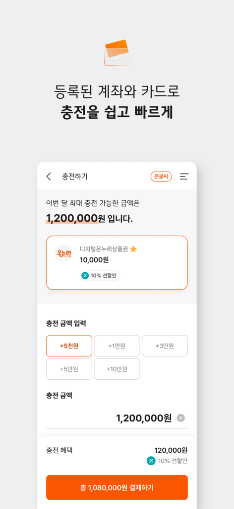 Digital Onnuri app recharge screen showing payment options and a 10 percent discount