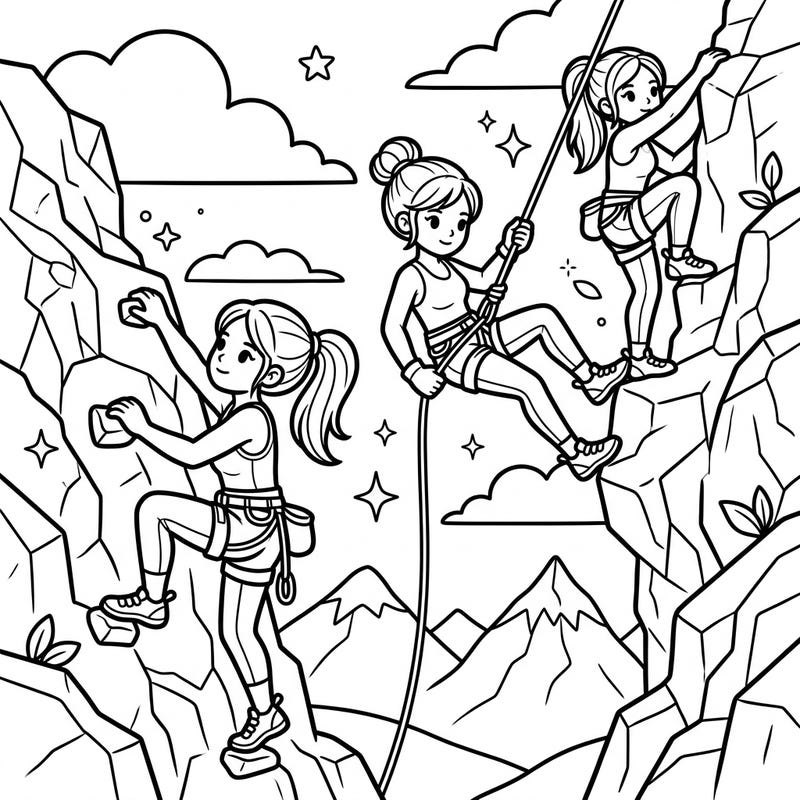 Discover our delightful coloring page featuring adventurous female climbers, specially designed for toddlers. With thick lines and simple shapes, it's perfect for little hands to explore the world of rock climbing.