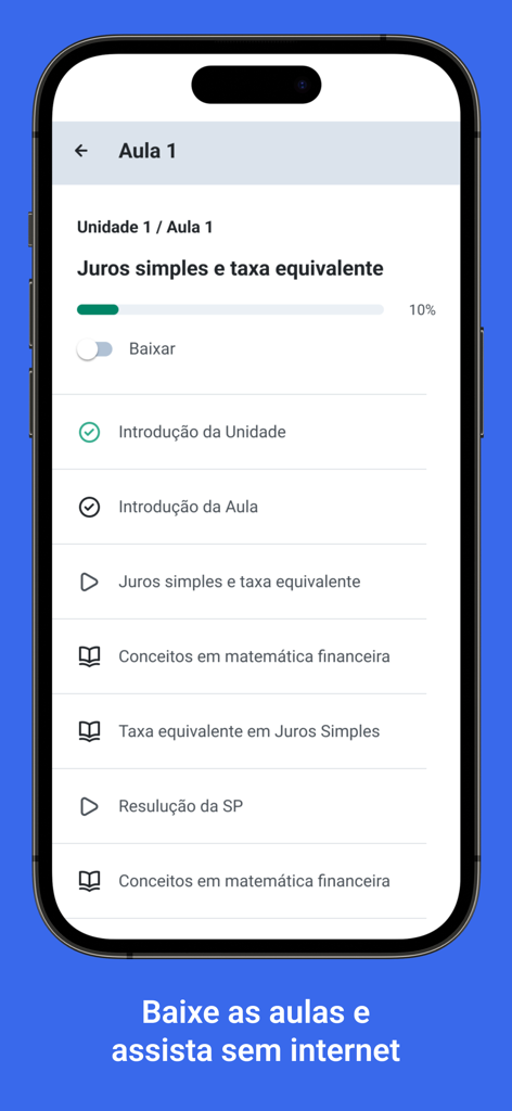 Captura de pantalla de la interfaz de la aplicación Anhanguera Aluno que muestra un plan de lección con un interruptor para descargar contenido para verlo sin conexión.
