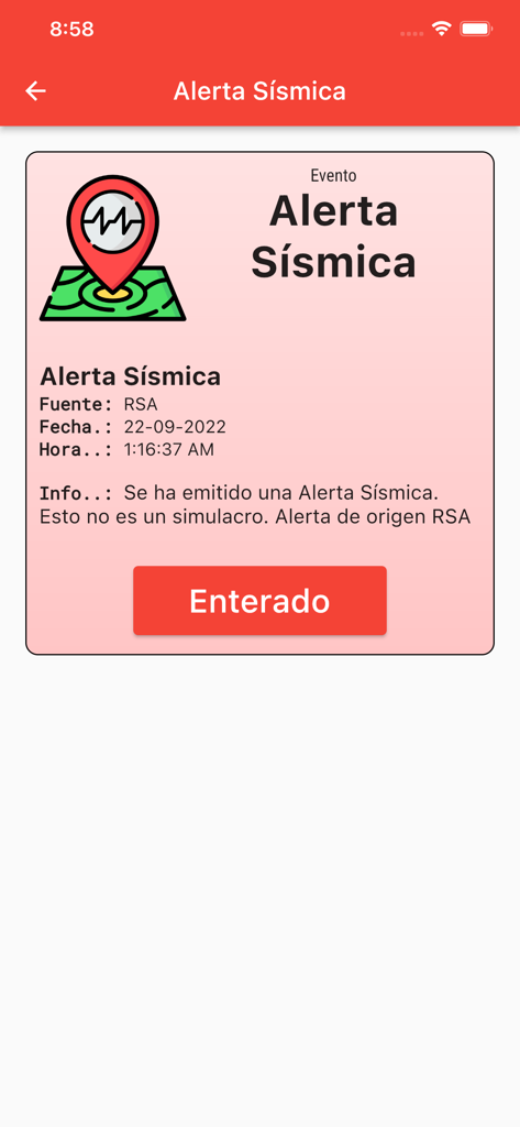 Seismic alert notification screen in Spanish showing earthquake details and an acknowledgment button
