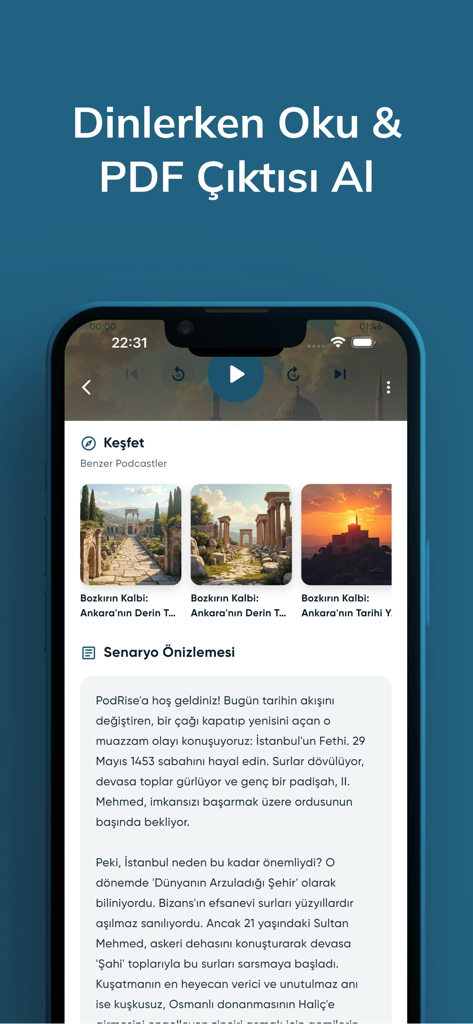 PodRise app screen showing an AI-generated podcast script preview with playback controls and discovery options