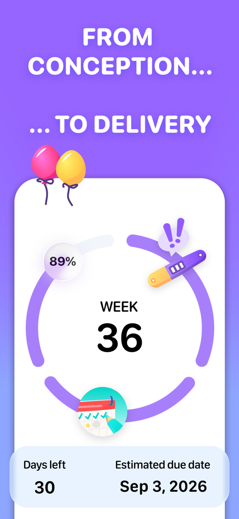 Cycles: Period & Cycle Tracker - Cycles app pregnancy tracking screen showing week 36 and 30 days left until the estimated due date.
