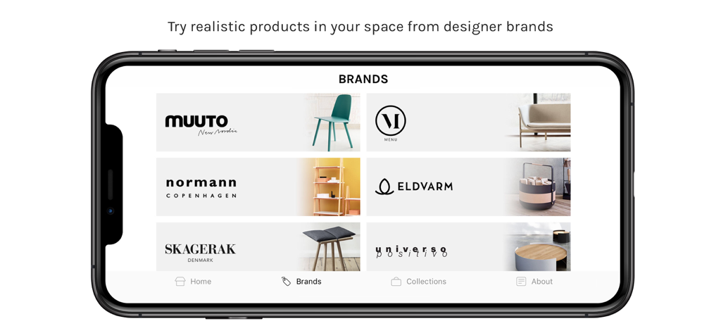 top3 AR | Augmented Reality 3D - Pantalla de selección de marcas de la aplicación Top3 AR en un smartphone mostrando logotipos de muebles de diseñador como Muuto y Normann Copenhagen.