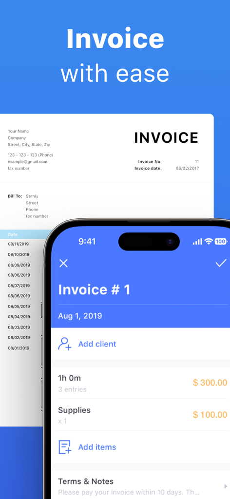 Hours Keeper: Time Tracker - Interface de l'application mobile Hours Keeper pour la création de factures professionnelles avec les heures facturables et les coûts des fournitures.