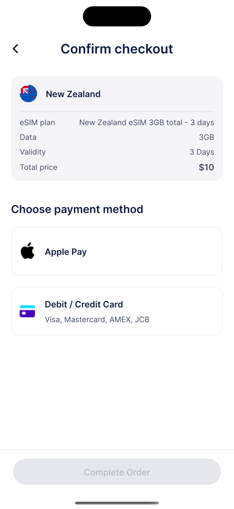 GigagoアプリのニュージーランドeSIMプランのチェックアウト画面、Apple Payやクレジットカードなどの支払いオプションを表示
