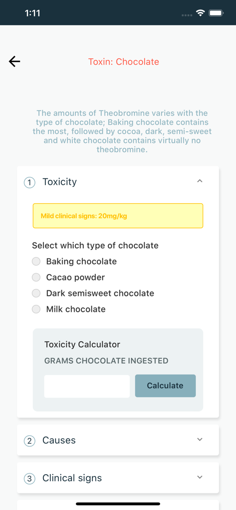 Interface do aplicativo ReadyVet mostrando uma calculadora de toxicidade de chocolate para pequenos animais