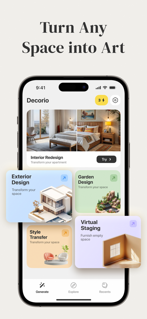 AI Home Design - Decorio - Decorio mobile app screen featuring AI interior redesign and virtual staging options.