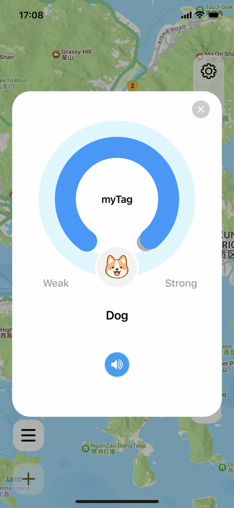 myTag.world - Interfaz de la aplicación myTag mostrando la intensidad de la señal de un rastreador de perros sobre un fondo de mapa