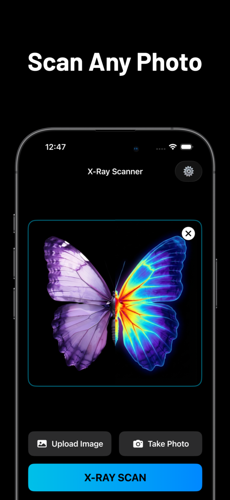 X-Ray Camera - Interfaz de la app Cámara Rayos X mostrando una mariposa con un efecto de escaneo térmico y un botón de escaneo