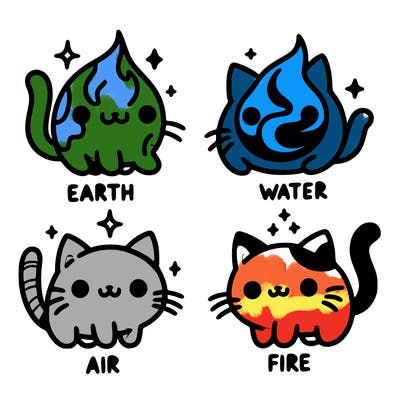 4 cats that represent the different elements, earth, water, air, and fire