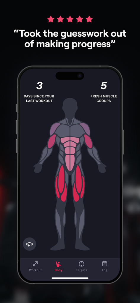 Fitbod app interface displaying muscle recovery status on a human body diagram