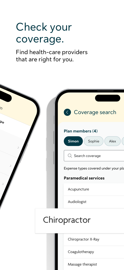my Sun Life (Canada) - 카이로프랙틱 및 침술과 같은 건강 서비스에 대한 보장 검색을 보여주는 my Sun Life 앱의 인터페이스