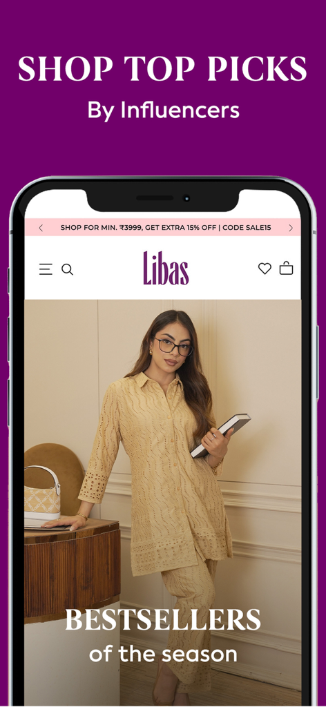 Libas - Fashion Shopping App - Libas Mode-App-Bildschirm, der saisonale Bestseller für ethnische Kleidung und Top-Auswahl von Influencern für Frauen zeigt.