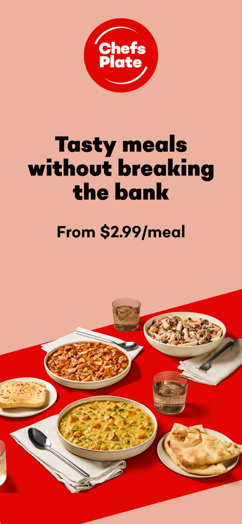 Pantalla promocional de Chefs Plate que muestra comidas sabrosas a partir de dos dólares y noventa y nueve centavos por comida, con una variedad de deliciosos platos cocinados en una mesa.