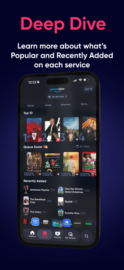 Captura de pantalla de la aplicación Cola que muestra películas populares y añadidas recientemente en Amazon Prime Video con un análisis en profundidad del contenido del servicio de streaming.