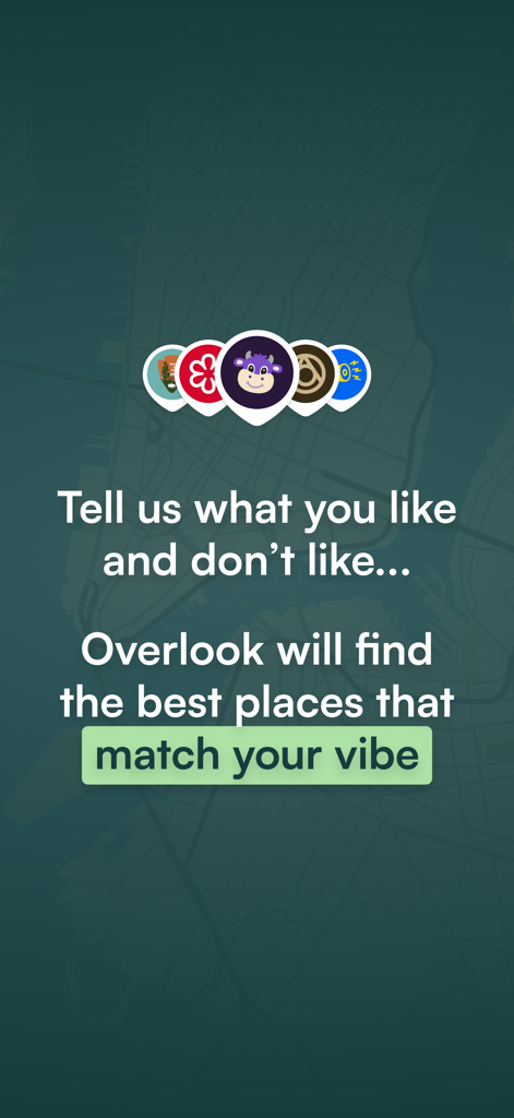 Overlook Maps - Schermata dell'app Overlook Maps per scoprire posti che si adattano al tuo stile personale.