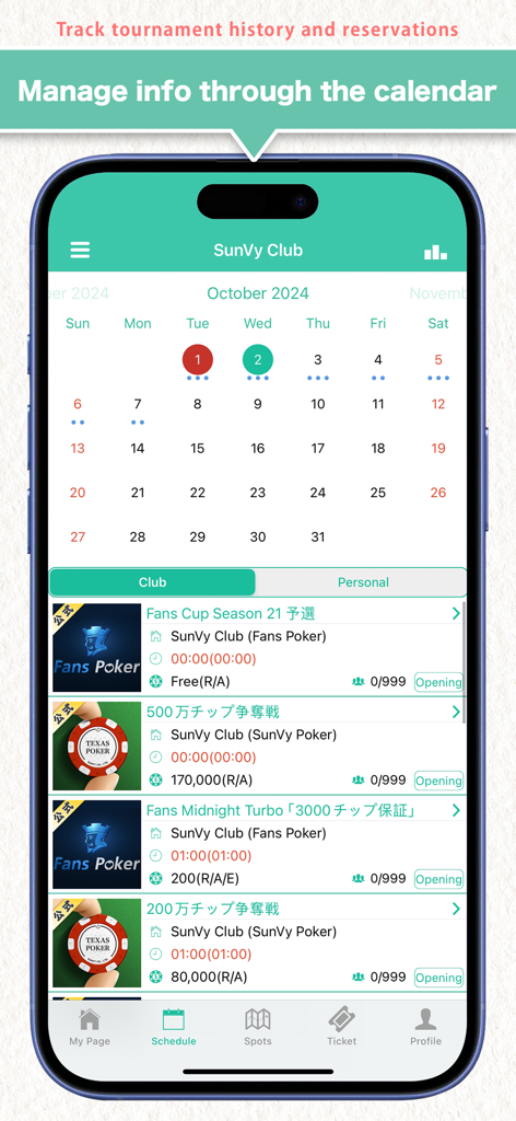 Poker Fans app schedule screen showing an October 2024 calendar with a list of upcoming live poker tournaments and club events