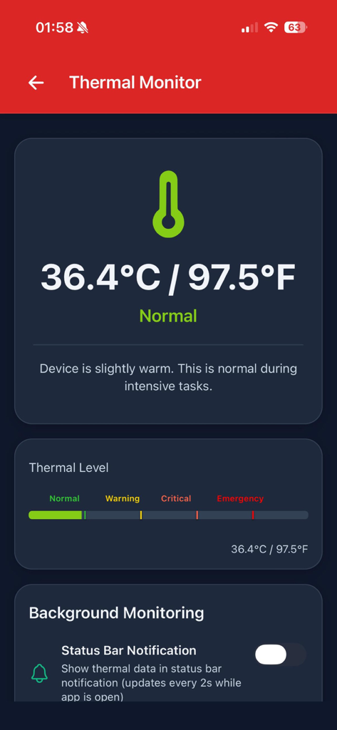 Phone Temperature - Phone Temperature app dashboard displaying real-time device heat levels and thermal status