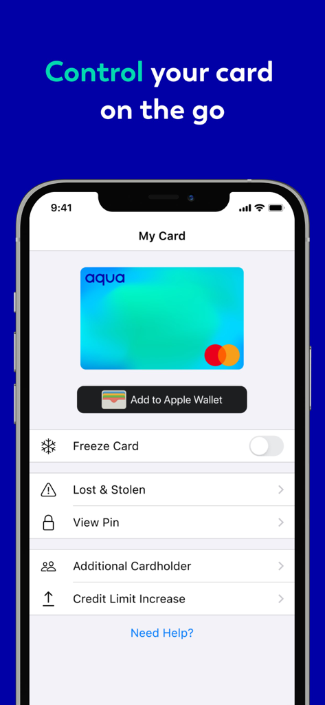 Aqua credit card mobile app screen showing options to freeze card, view PIN, and manage credit limit.