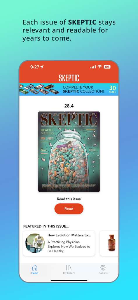 Skeptic Magazine app home screen showing a digital issue cover about health and a featured article on evolution.