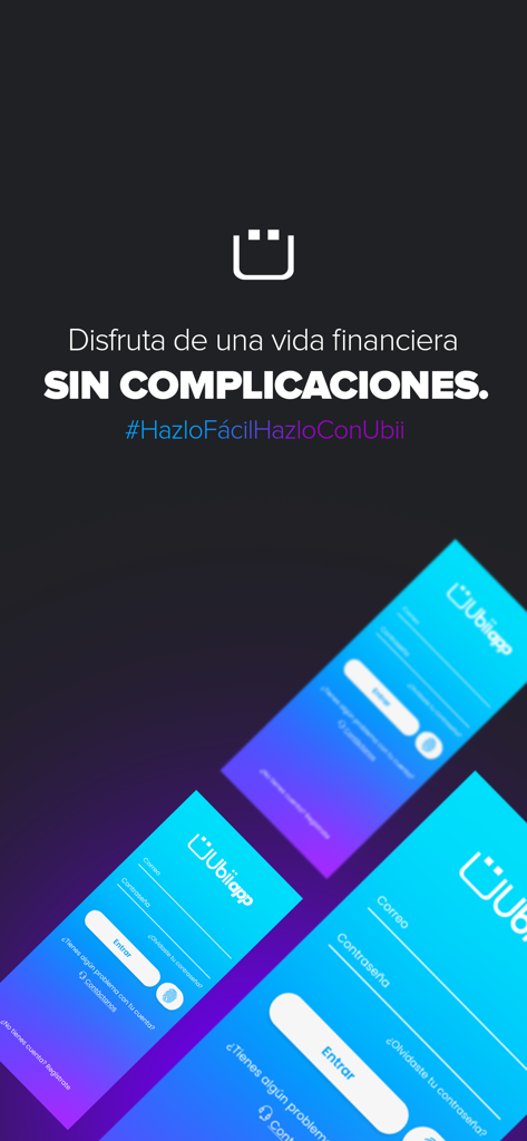 Ub app - Pantalla de bienvenida financiera de la app Ub con interfaz de inicio de sesión y eslogan en español.
