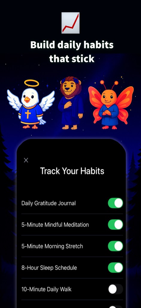 A mobile app screen showing daily habit tracking toggles for meditation and journaling with animated character guides