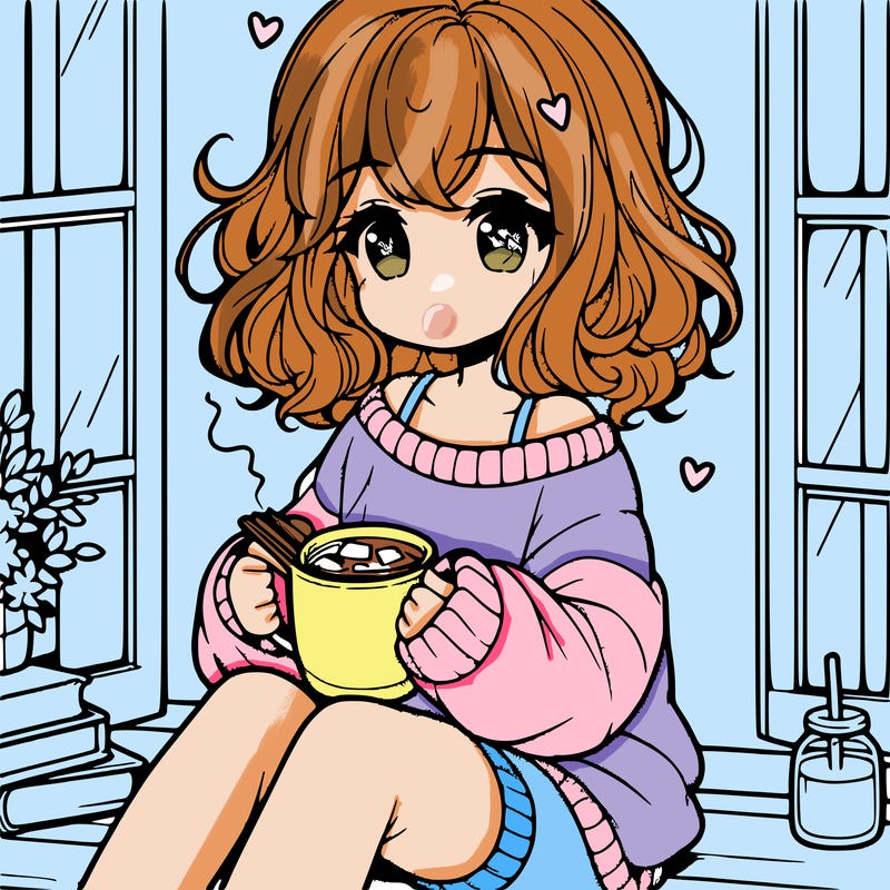 cute anime girl reading book and drinking hot chocolate from mug with loose wavy hair wearing a baggy sweatshirt and shorts sitting by windowsill looking out