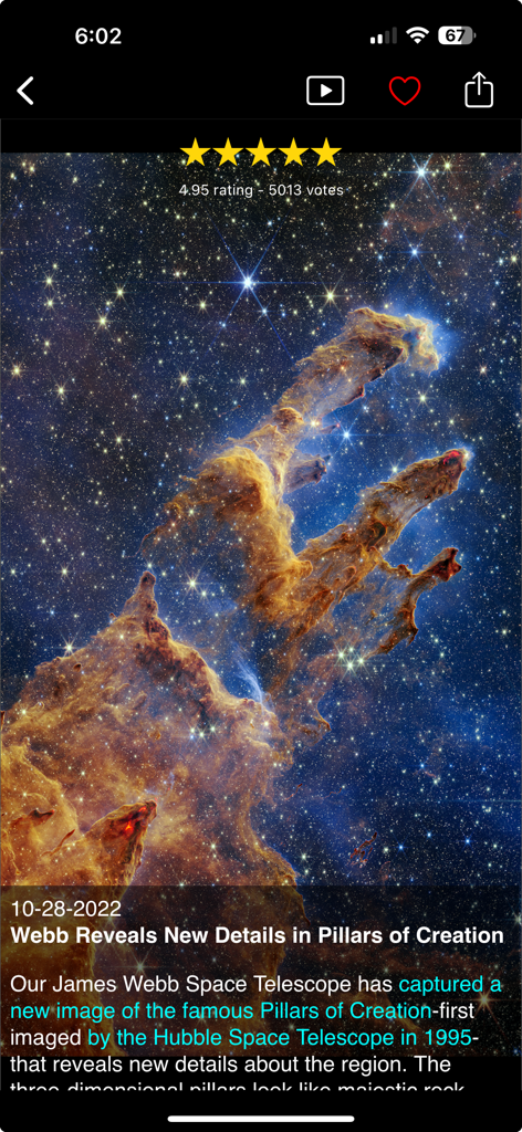 NASA - A screenshot of the NASA mobile app displaying a high resolution image of the Pillars of Creation from the James Webb Space Telescope.