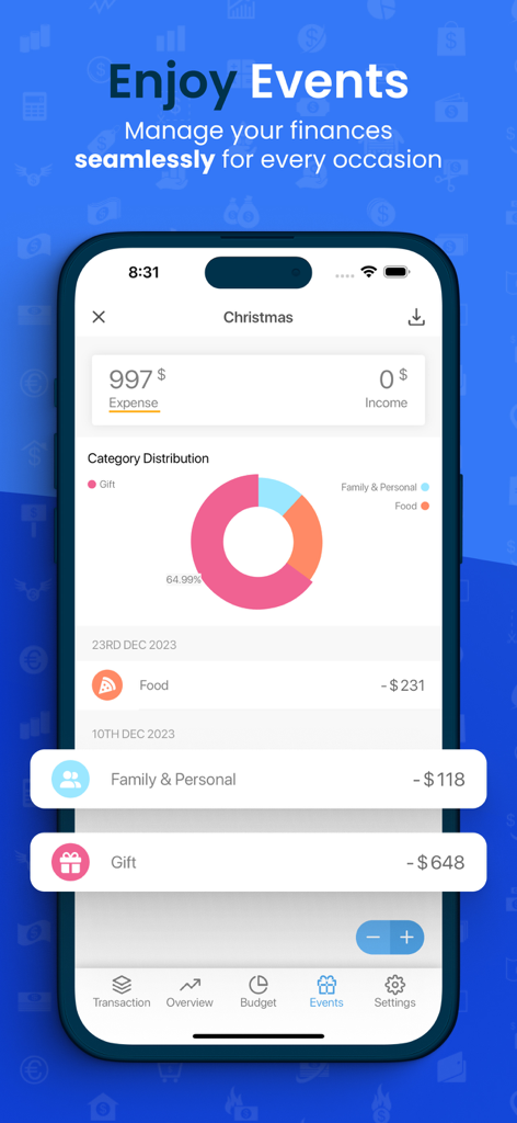 Expense Now アプリのインターフェース。クリスマスなどのイベントの財務を、カテゴリ別分布グラフで管理します