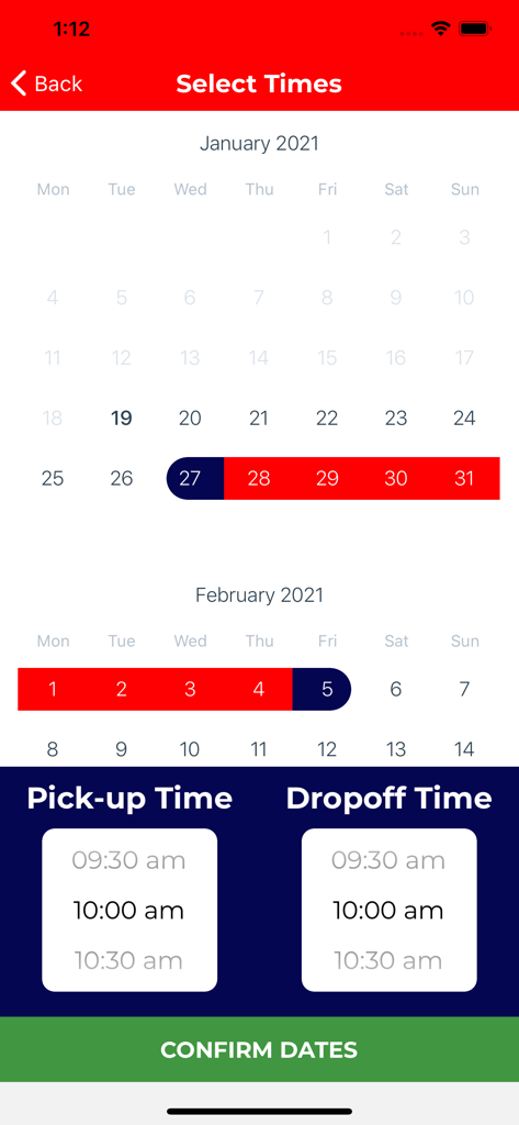 Easirent - Easirent app calendar screen to select car rental pick up and drop off dates and times