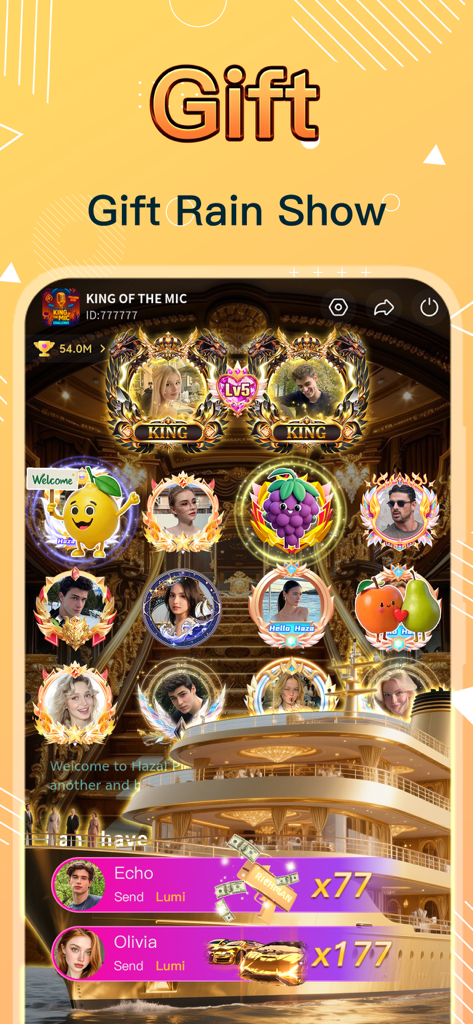 Haza app interface displaying the Gift Rain Show feature with users sending virtual gifts in a themed voice chat room