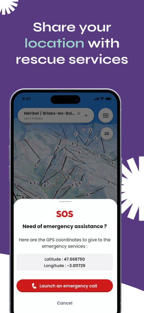 Skiif app interface showing the SOS emergency assistance screen with GPS coordinates and a call button