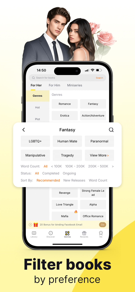 A mobile screen showing the AnyStories app genre filter interface with options like Romance, Fantasy, and LGBTQ+.