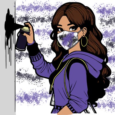 realistic girl with mask spray painting a wall