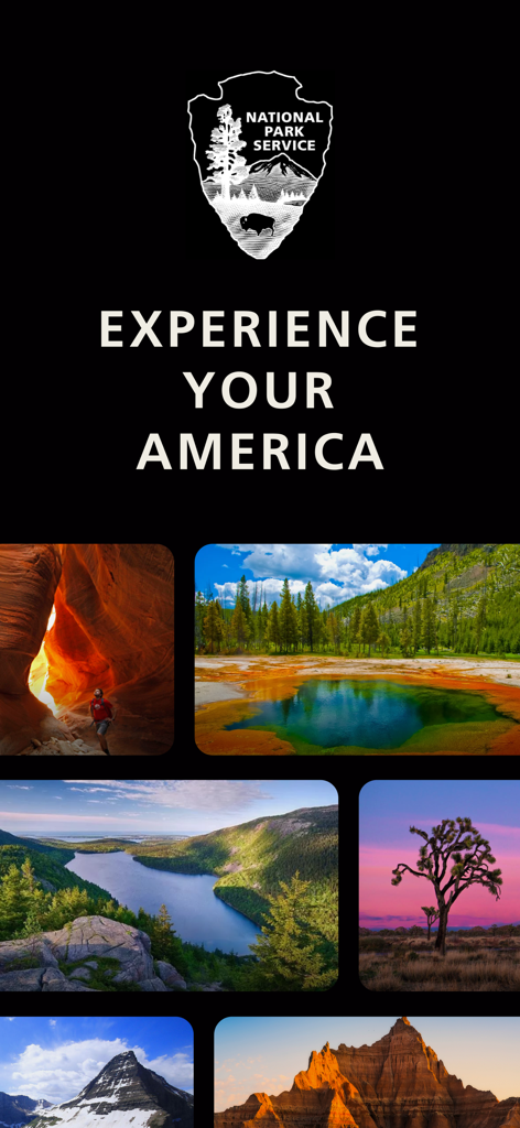 National Park Service - Startbildschirm der National Park Service App mit dem Text Experience Your America und einer Collage von landschaftlich reizvollen Nationalparkfotos, darunter Schluchten und Seen.