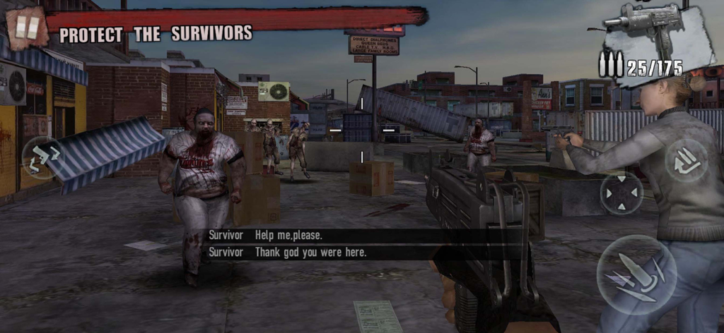 Vista en primera persona de la jugabilidad de Zombie Frontier 3 que muestra una misión para proteger a los supervivientes de un brote zombie.