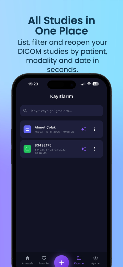 Kayrona DICOM AI Viewer - A mobile interface of the Kayrona app showing a list of patient DICOM studies and medical records