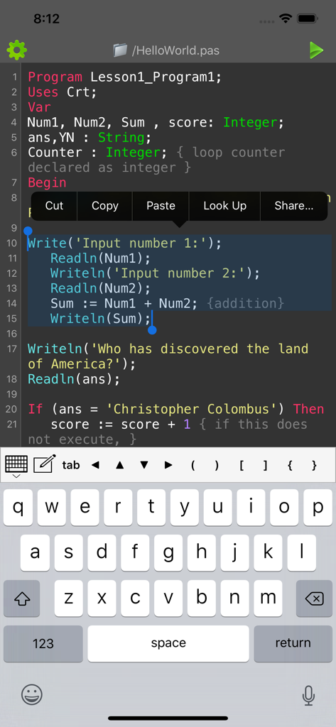Pascal Programming Compiler - App mobile Pascal Programming Compiler che mostra l'editor di codice con evidenziazione della sintassi e tastiera di programmazione personalizzata su iPhone